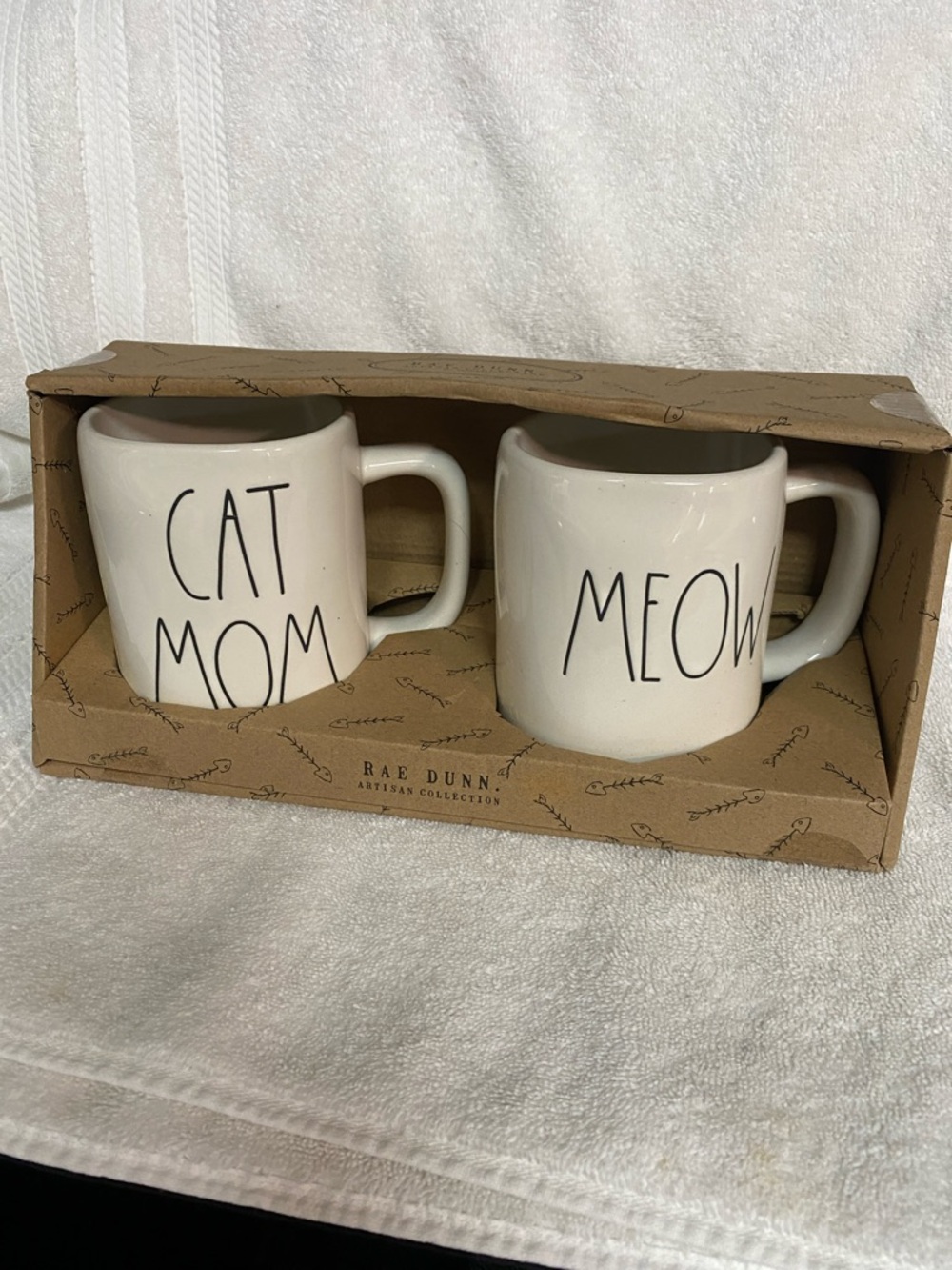 Rae Dunn White Ceramic "CAT MOM" & "MEOW" Mug Set